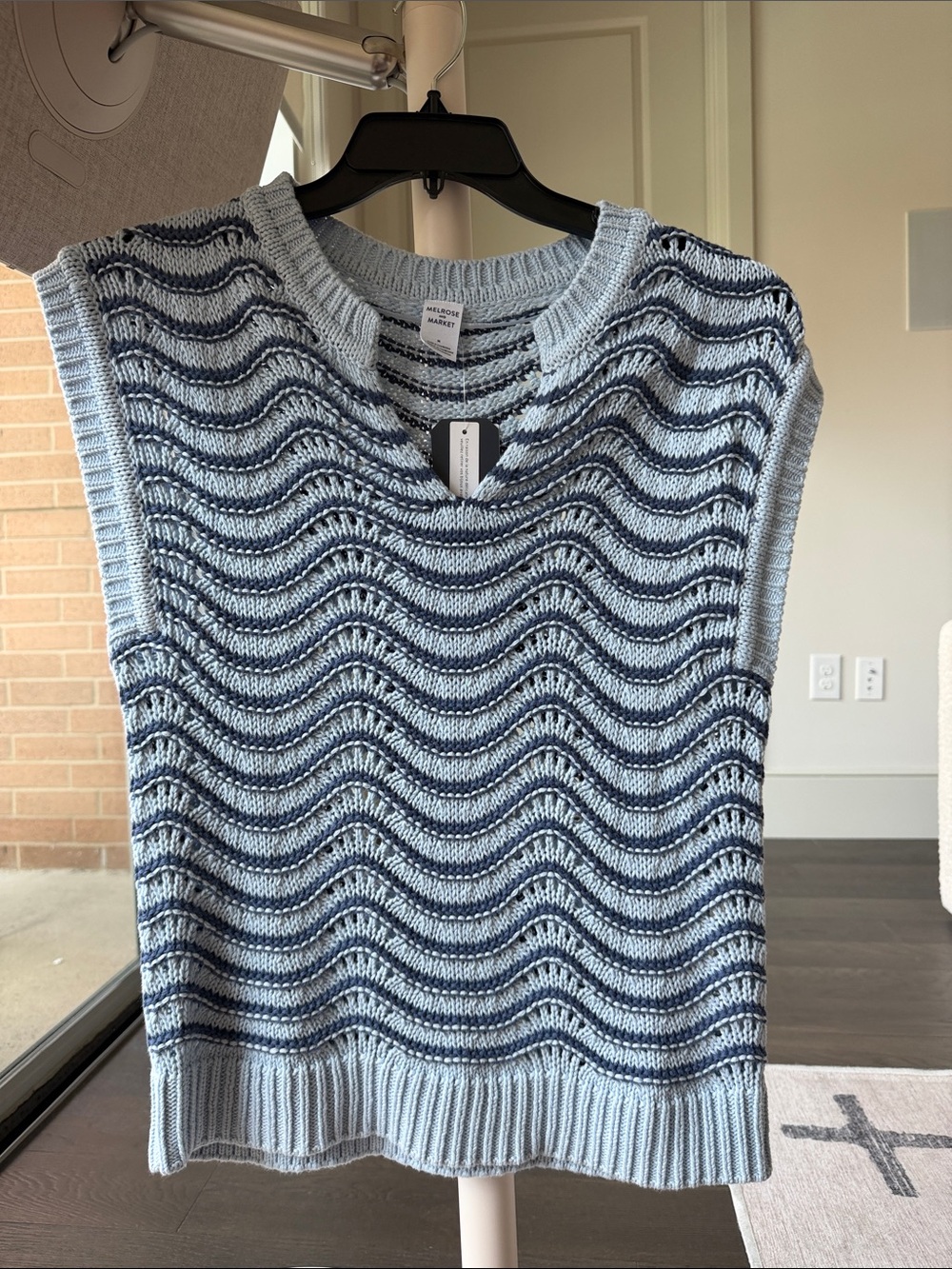 NWT Melrose and Market Light Blue and Navy Wave-Knit Sleeveless Sweater Vest